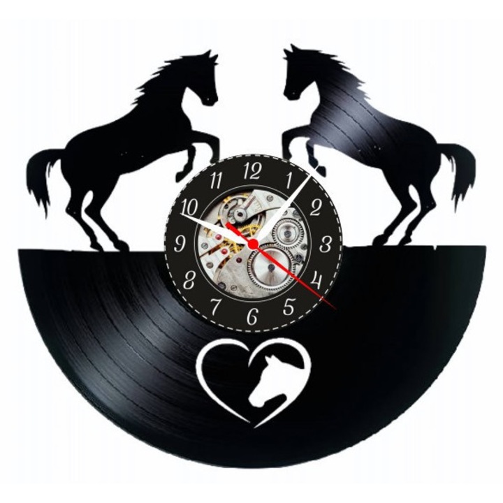 Ceas de perete decorativ "Equestrian Spirit - Wild Horses", realizat din disc de vinil (Vinyl Record), design Nature & Animal Lovers