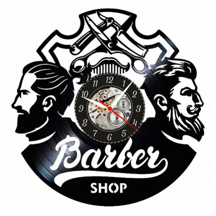 Декоративен стенен часовник "Бръснарски салон - Джентълменски клуб", изработен от винилова плоча (Vinyl Record), дизайн Мода и салон