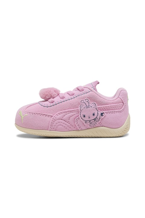 Puma, Pantofi sport Speedcat GABBY'S DOLLHOUSE din piele intoarsa cu ciucure, Roz deschis/Verde fistic