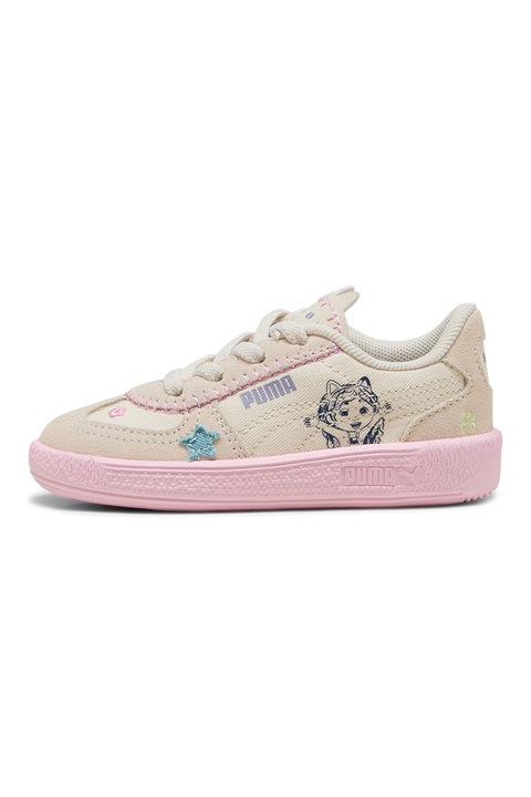 Puma, Pantofi sport Palermo Gabby's Dollhouse cu garnituri din piele intoarsa, Gri deschis/Bej/Roz pal