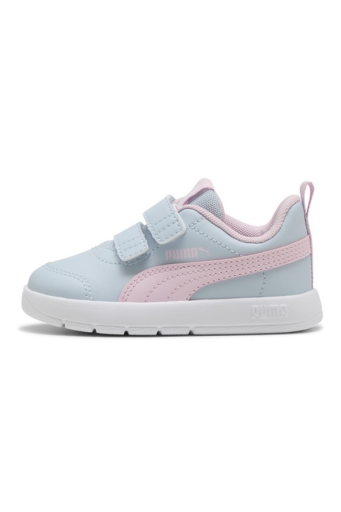 Puma, Pantofi sport Courtflex din piele ecologica cu velcro, Albastru pastel/Roz pastel/Alb murdar
