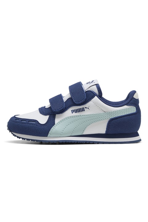 Puma, Pantofi sport Cabana Racer SL 20 de piele ecologica cu inchidere velcro, Albastru inchis/Alb murdar/Albastru petrol