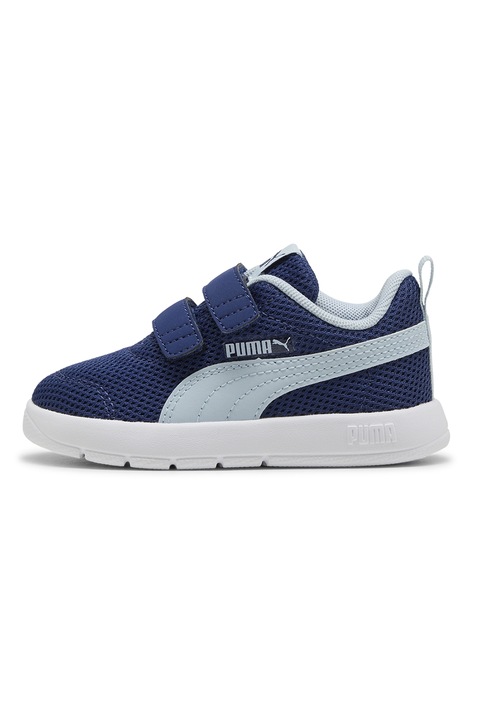 Puma, Pantofi sport Courtflex de plasa cu velcro, Alb optic/Bleumarin/Verde menta