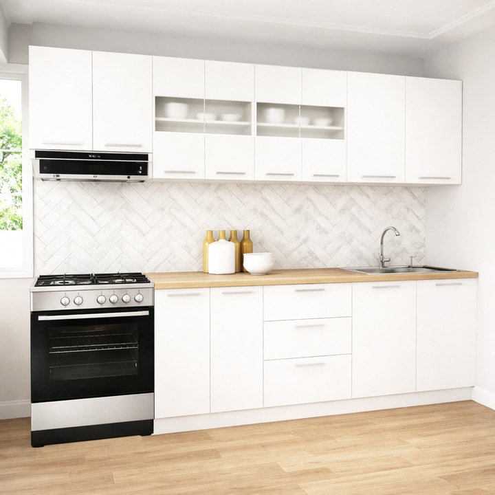 Set mobilier de bucatarie cu soft-close, BadenMob Germania, 260cm, corpuri inalte, blat gros, Alb