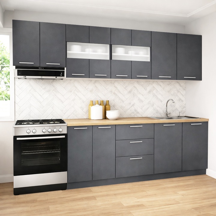 Set mobilier de bucatarie cu soft-close, BadenMob Germania, 260cm, corpuri inalte, blat gros, Antracit