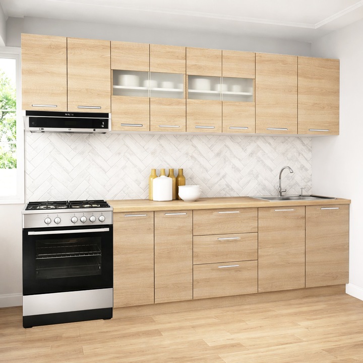 Set mobilier de bucatarie cu soft-close, BadenMob Germania, 260cm, corpuri inalte, blat gros, Sonoma