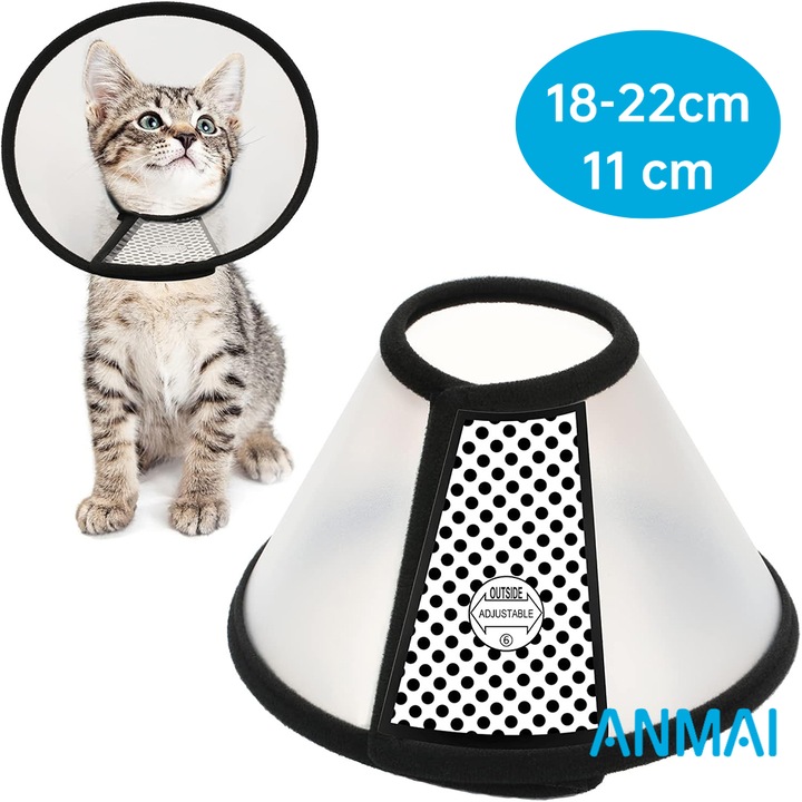 Guler de Protectie Pisici Anmai, Tip Elizabeth, Ajustabil, pentru Recuperare Postoperatorie, Anti-Lins si Anti-Muscat, Material Usor, Protectie Eficienta，18-22x11 cm, Alb