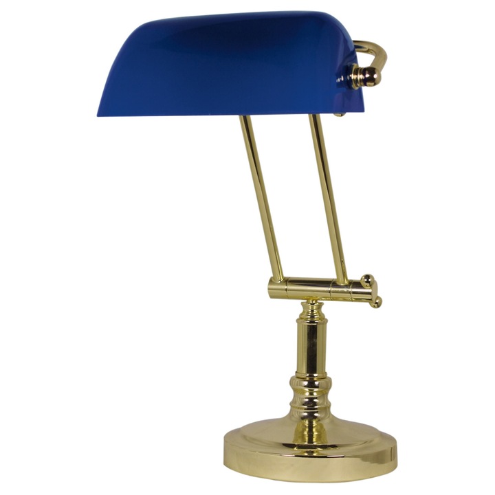 lampa clasica birou metalica cu finisaj din alama, abajur albastru de sticla, H 43cm