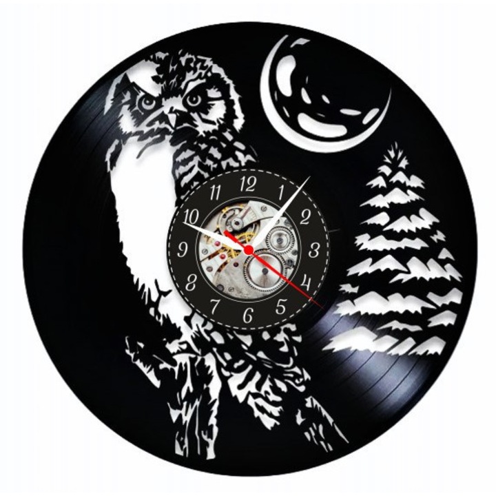 Ceas de perete decorativ "Night Owl - Forest Wisdom", realizat din disc de vinil (Vinyl Record), design Nature & Mystery, Negru, 30 cm