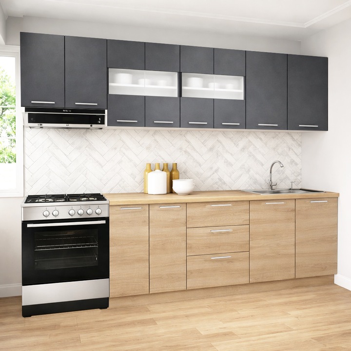 Mobilier de bucatarie, BadenMob, 260 cm, sonoma/antracit, blatul gros, corpuri inalte