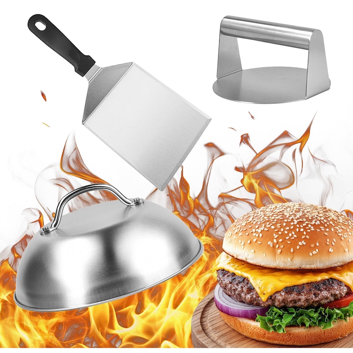 Set smash burger 3 piese din otel inoxidabil, cu presa pentru carne spatula si capac topire cascaval, accesorii gratar profesionale pentru burgeri suculenti
