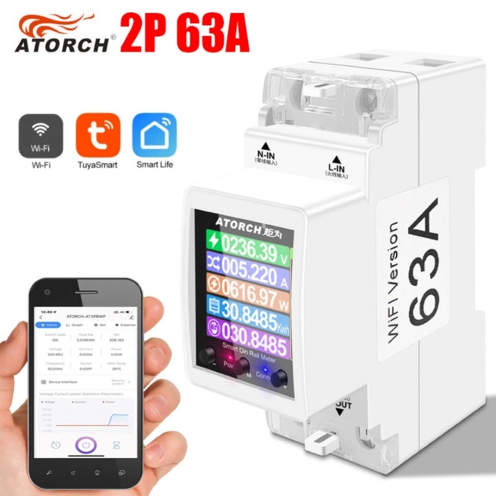 Contor monofazat pentru șină DIN ATORCH 63A, 230V, conexiune WiFi, Tarif zi și noapte