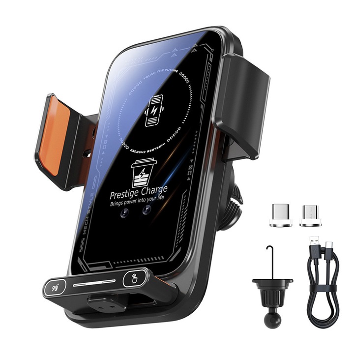 Suport Auto Telefon Premium cu Incarcare Wireless 15W si Magnetica Rapida 66W, PRESTIGE CHARGE®, USB-C si Micro-USB, Senzor Infrarosu Deschidere Automata, Rotire Electrica 90°, Prindere Grila Ventilatie, Touch Sensor, Compatibilitate Universala 4-7.2 inch