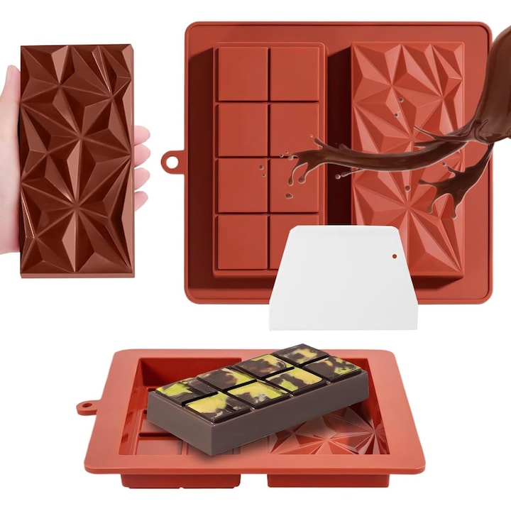 Tava din silicon pentru ciocolata, 2 compartimente, ideala pentru ciocolata de casa cu umplutura, non-aderenta, reutilizabila, include spatula, 2.5 cm adancime, 19 x 21 cm, Maro