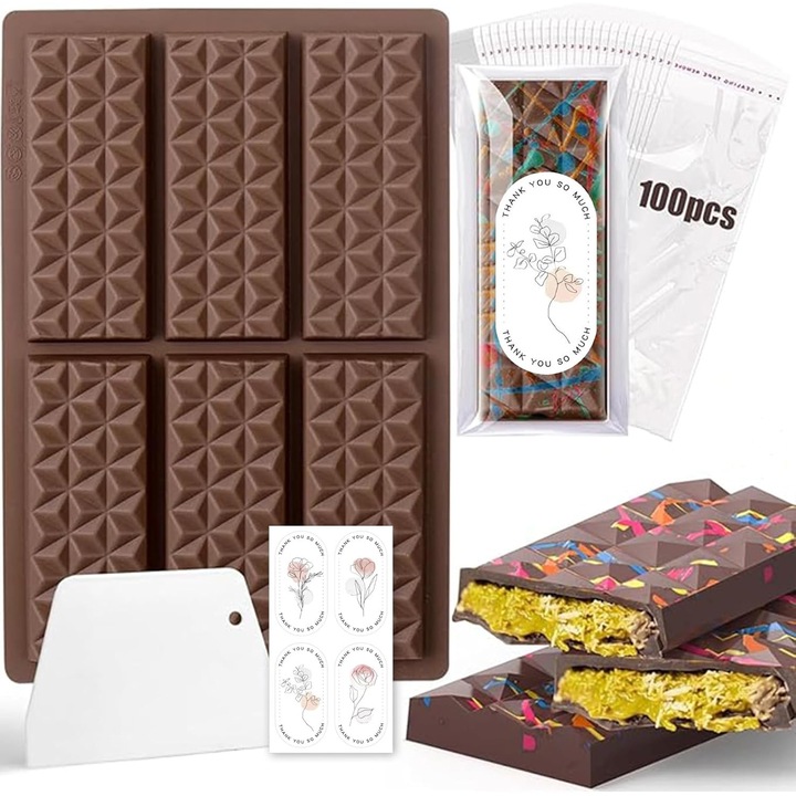 Set Tava din silicon pentru ciocolata, include pungi pentru ambalare, etichete autoadezive si spatula, 6 compartimente, Non-aderenta, 17 x 26 cm, Maro