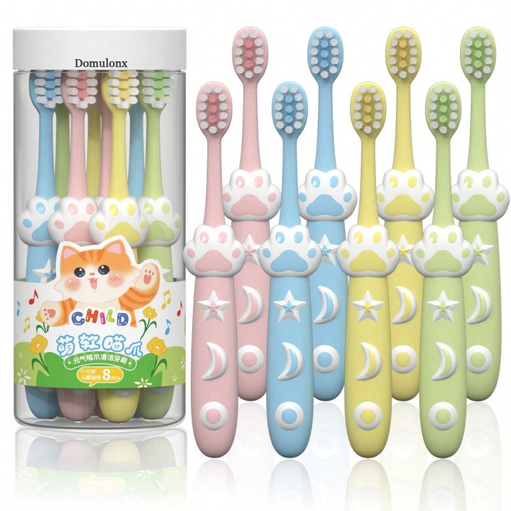 Periute de dinti pentru copii, Domulonx, set 8 bucati, design labuta de pisica, perii moi, multicolor, 3-12 ani