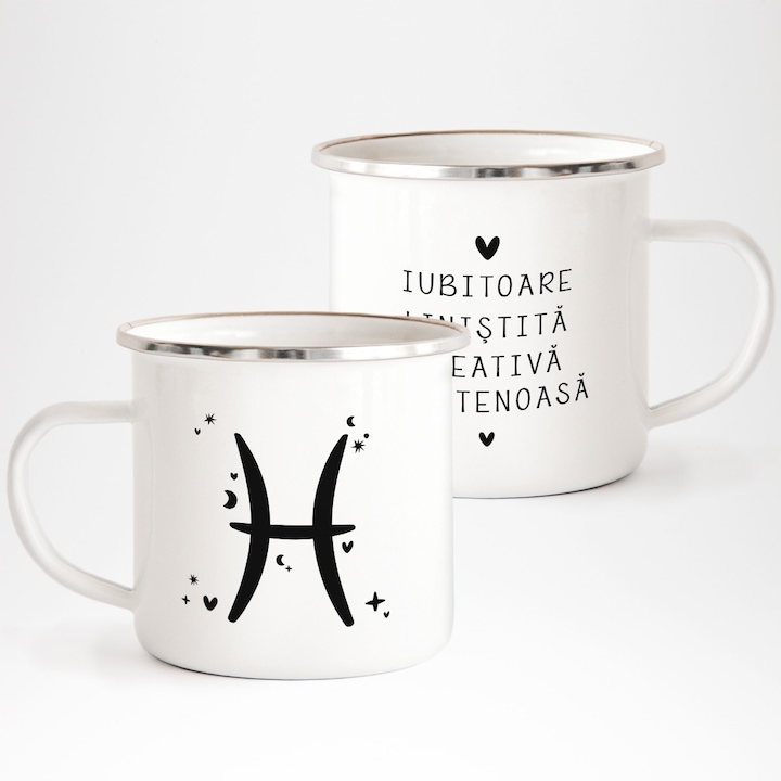 Cana metalica emailata alba cu zodia pesti 240ml