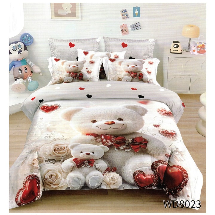 Lenjerie de Pat Bumbac Premium, 4 Piese, Imprimeu 5D – Model Ursuleti si Inimioare