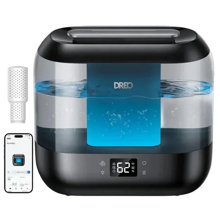Umidificator Dreo 311S Smart, Wifi, Rezervor 4L, Capacitate de umidificare 250 ml/h, Ceata Rece, Autonomie 36 ore, Aromaterapie, Negru