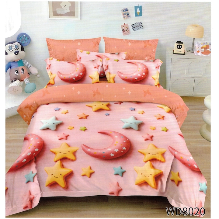 Lenjerie de Pat Finet Premium, 4 Piese – Model "Astre Pastel" cu Luna si Stelute, Roz