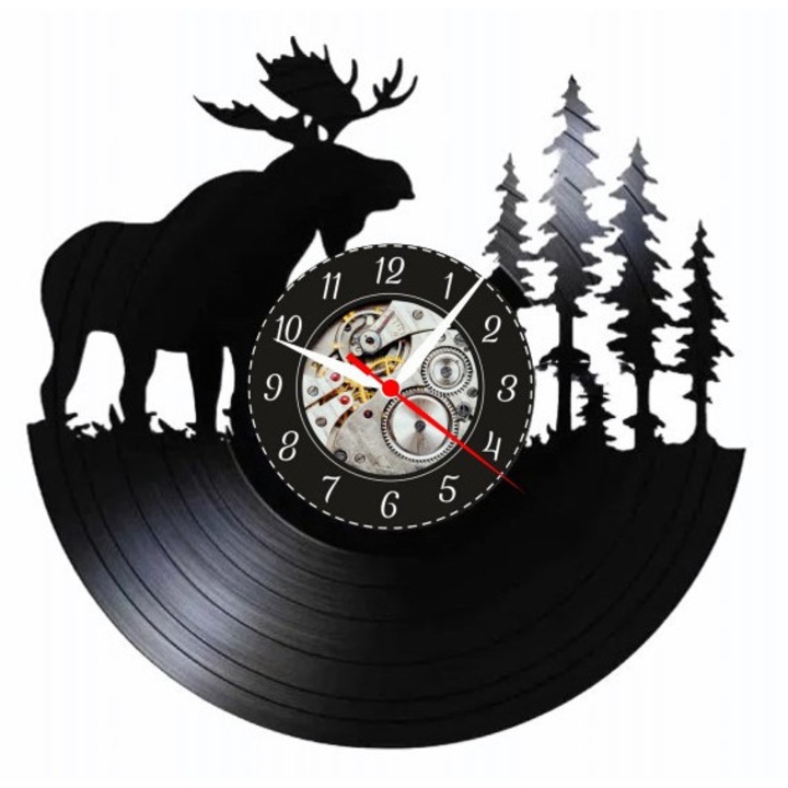 Декоративен стенен часовник "Северен лос - Величието на гората", изработен от винилова плоча, дизайн Природа и диви животни, Черен
