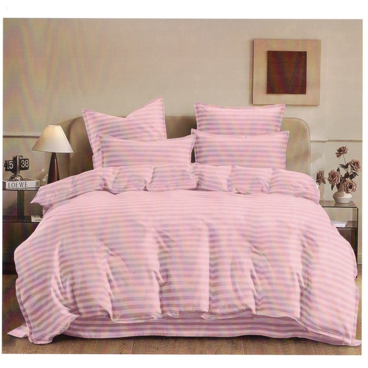Set Lenjerie de Pat Lux, Damasc, Dungi, 6 Piese, Roz, 200x230cm, 180x200cm, Fete de perna 50x70cm si 70x70cm