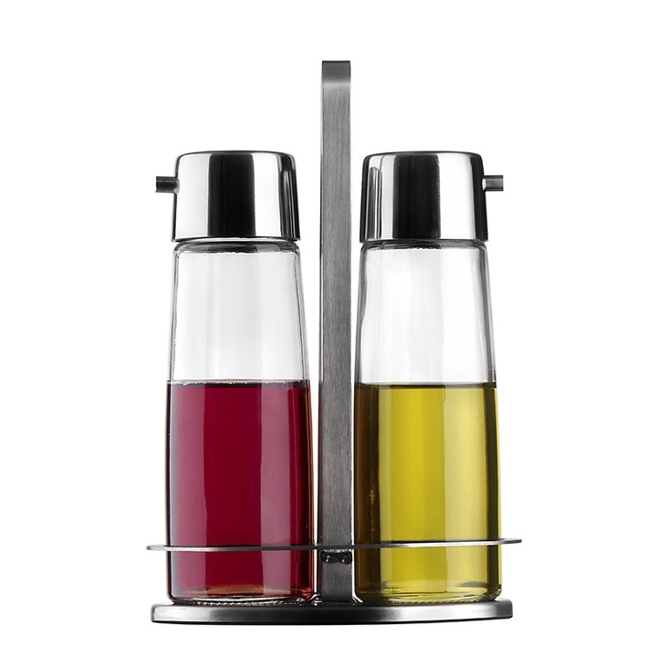 Set Oliera 2 Posti Pinti Inox - Acciaio Inox cu Contenitori din Sticla Antigoccia, Design Minimalist, 200ml