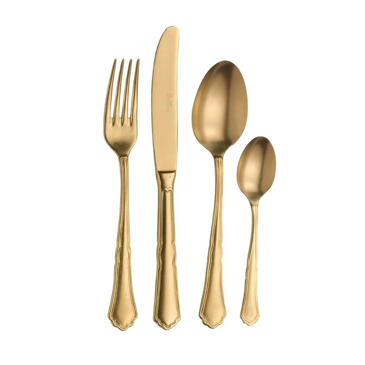 Комплект прибори за хранене от 24 части, Pinti Inox, за 6 души, неръждаема стомана 18/10, сатенирано златно покритие