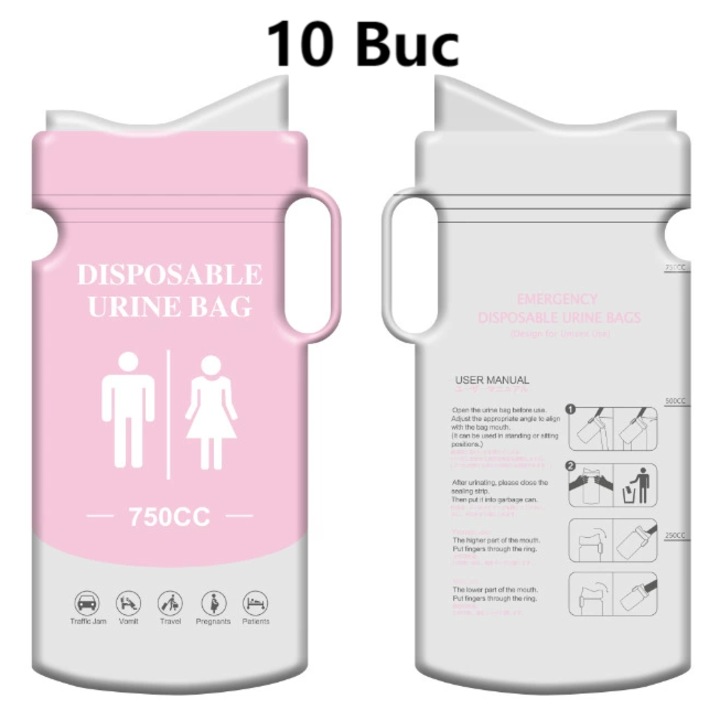 Pungi urinare unisex de urgenta, 10 buc, capacitate 750ml, roz, 25x13cm