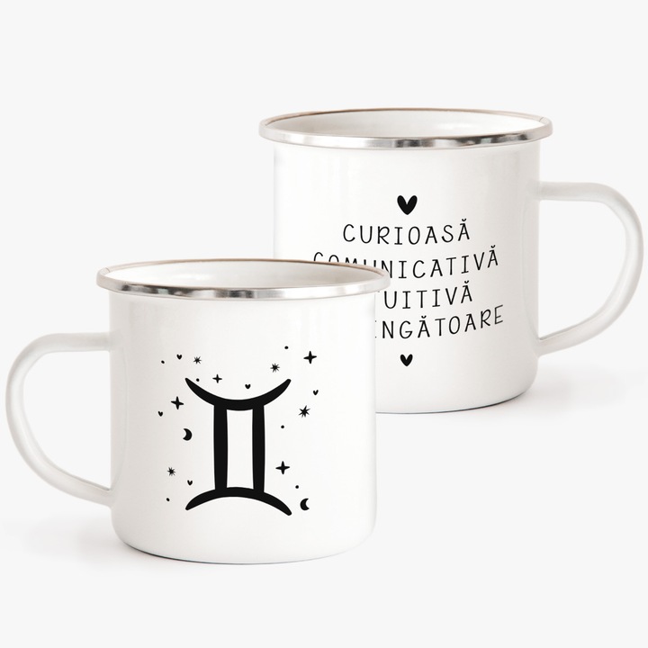 Cana metalica emailata alba cu zodia gemeni 240ml