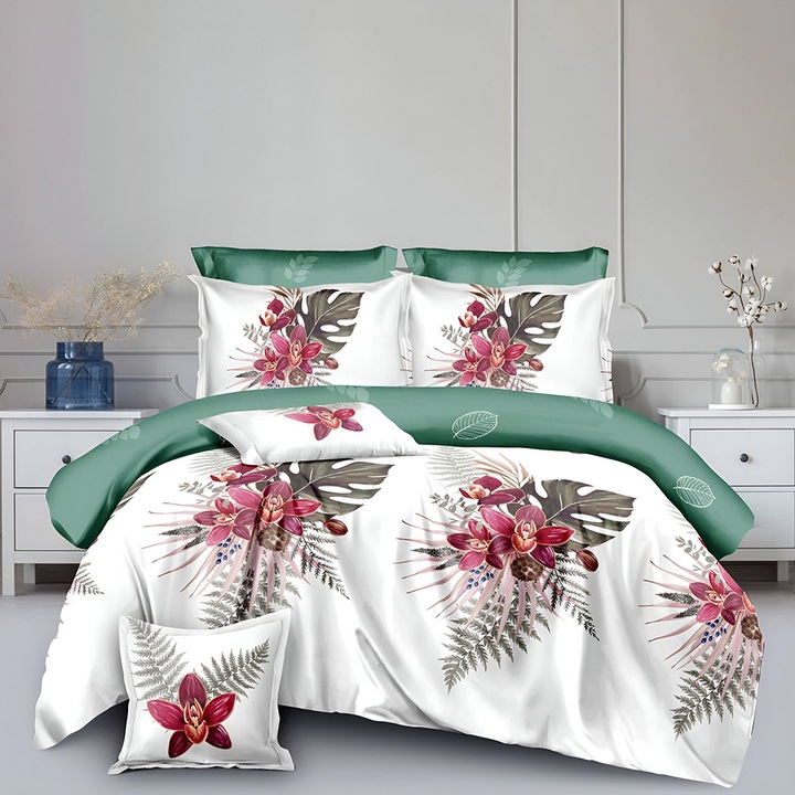 Ágynemű garnitúra EmonaMall S17651, Kétoldalas, 6 párnahuzat, 8 részes, Fehér/Zöld