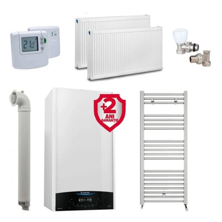 Pachet apartament cu 1 camera, centrala Ariston Genus One+ 24 kW, Clasa A, Schimbator de caldura XtraTech, Ecran LCD tactil, Autodiagnoza, Kit de evacuare inclus + Termostat ambient fara fir Honeywell DT92A + 2 ani extragarantie, Calorifere, Set robineti