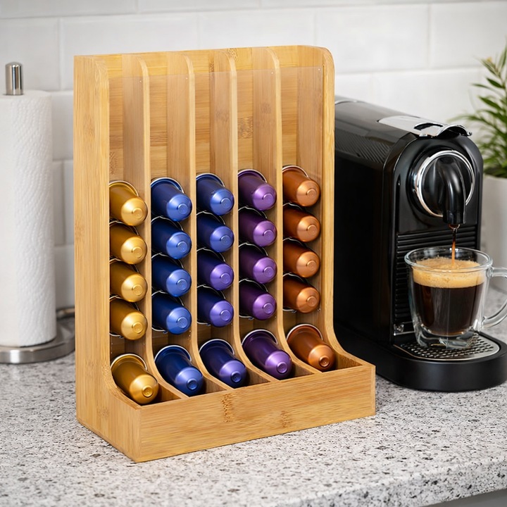 Suport capsule cafea, Five, organizator vertical, bambus + polipropilena, bej, 23x11, 5x29 cm