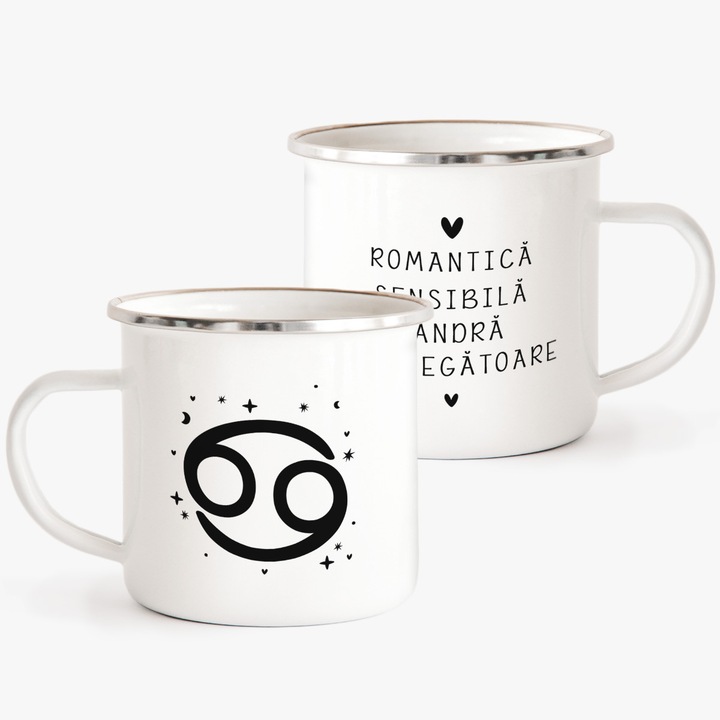 Cana metalica emailata alba cu zodia rac 240ml