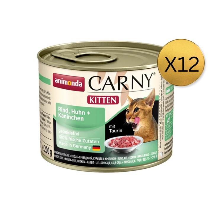 Hrana umedă pentru pisici Animonda Carny Junior, Vita, Pui, Iepure, set 12 buc x 200g