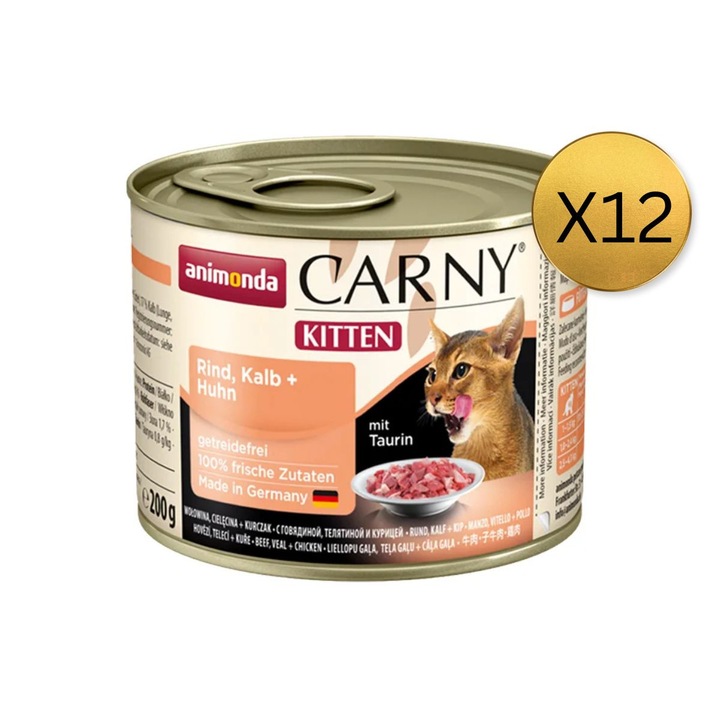 Мокра храна за котки Carny Junior, Animonda, Телешко, Витамини, Пиле, комплект 12 бр x 200гр