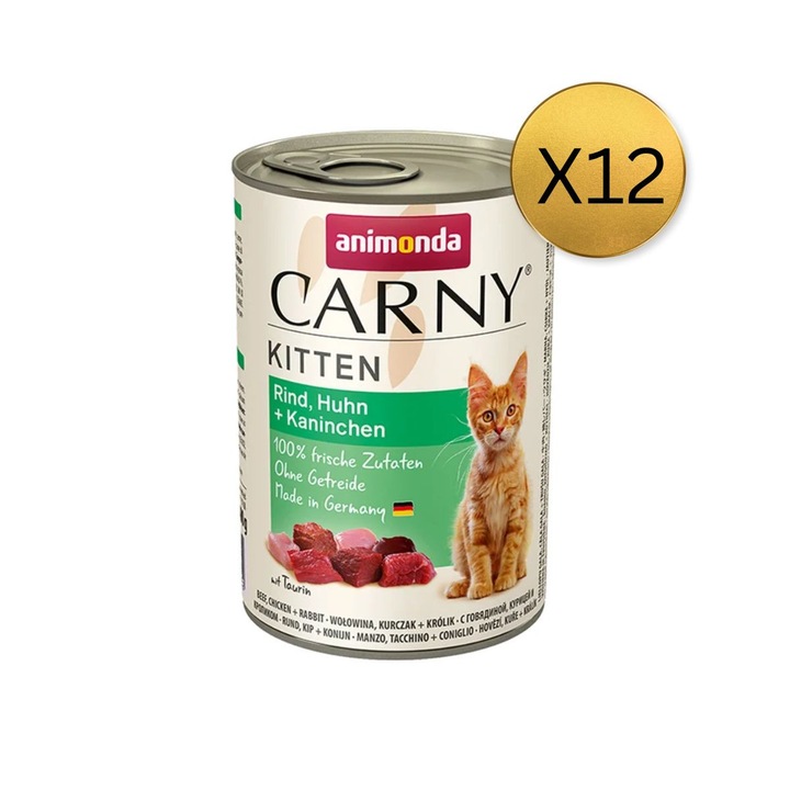 Мокра храна за котки Animonda Carny Kitten, телешко/пилешко/заек, комплект 12 бр x 400гр