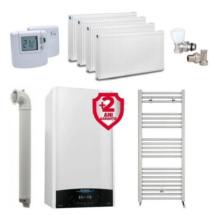 Centrala termică Ariston Genus One+ 30 kW, Clasa A, Ecran LCD, Set pentru apartament cu 3 camere, Termostat Honeywell DT92A, 2 ani extragarantie