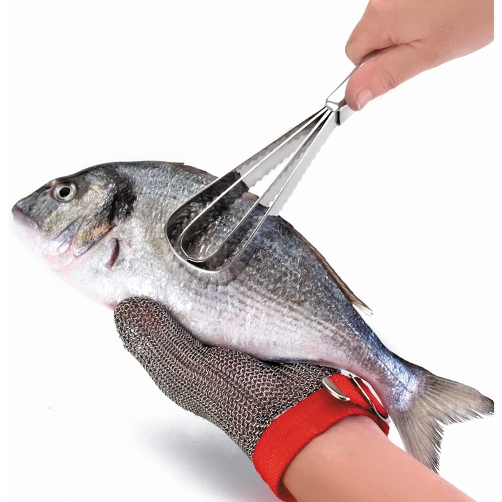 Dispozitiv profesional de curatat solzi de peste, awwaline, inox, argintiu, lame duble zimtate, maner ergonomic, 25.8 x 4.2 cm
