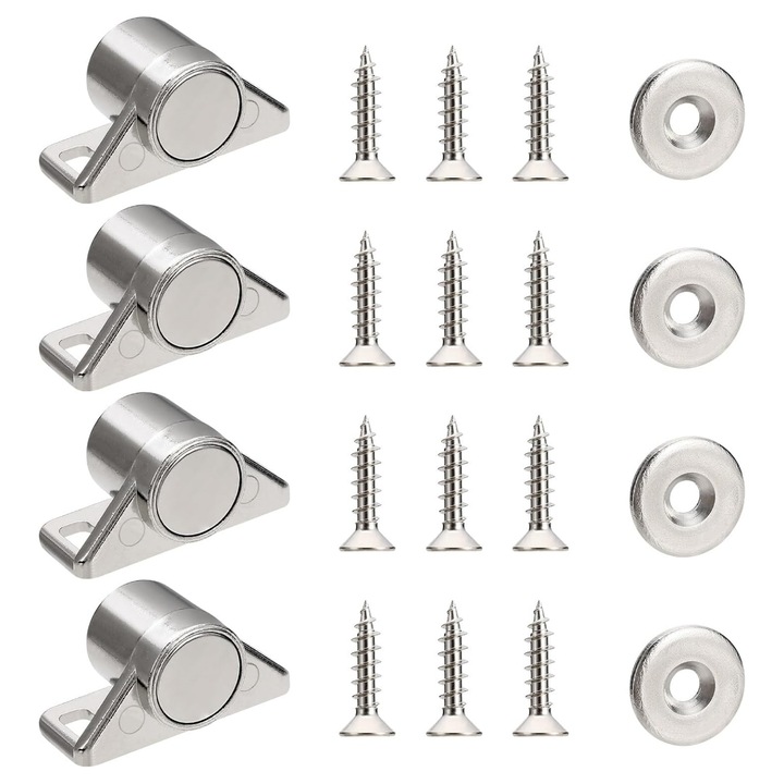 Set 4 Magnet puternic neodim cu incuietoare magnetica pentru mobila cu suruburi de fixare incluse, Lunniquee®, Argintiu