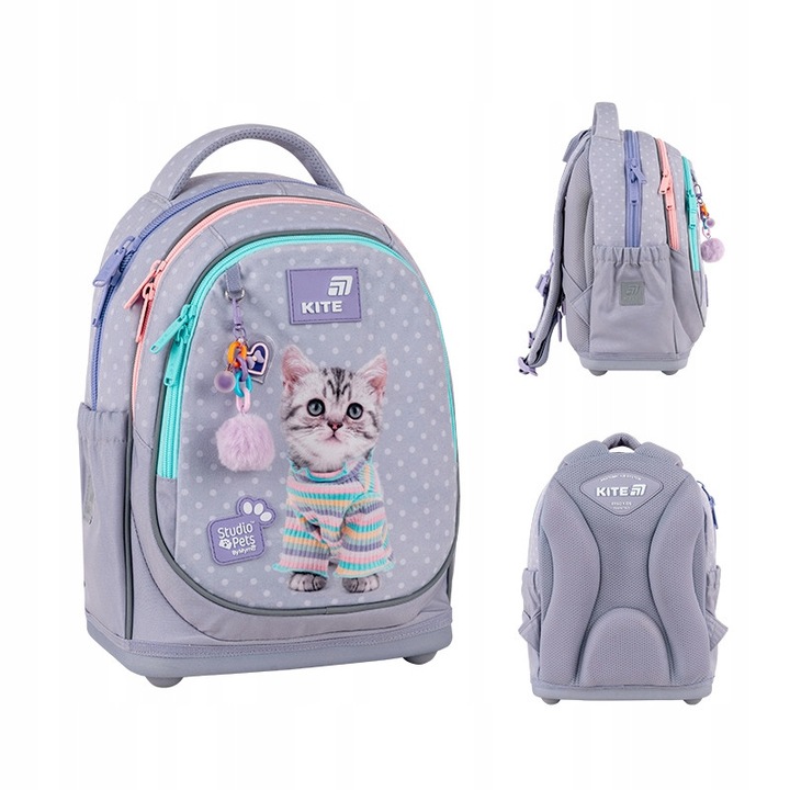Ghiozdan scolar pentru fete, 6–8 ani, ergonomic cu spate ortopedic si compartimentare practica, Studio Pets, Kite
