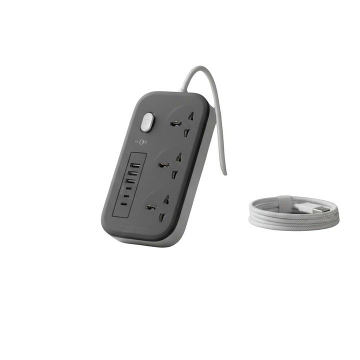 Разклонител KLGO PS-300, 2500W, USB зареждане, Защита за безопасност, Множество универсални гнезда, 16 х 85 х35 милиметра, Бял/черен