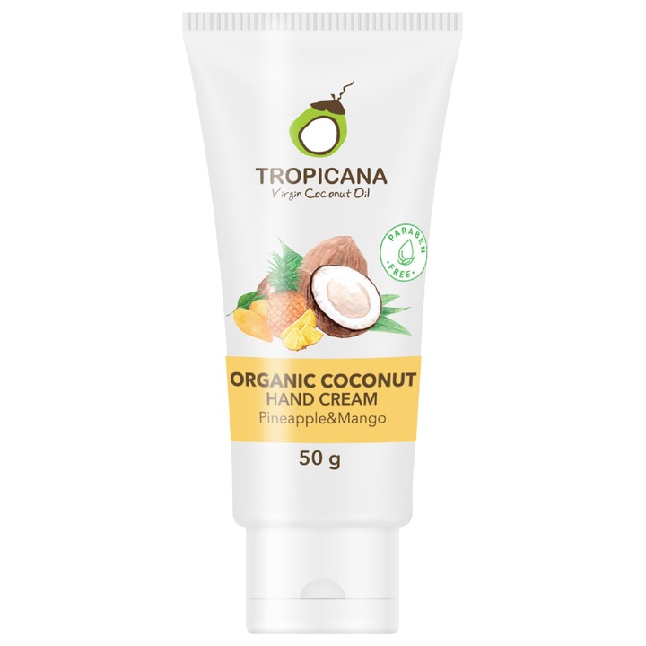 Крем за ръце Tropicana с кокосово масло, аромат на манго и ананас, без парабени, веган, 50 гр