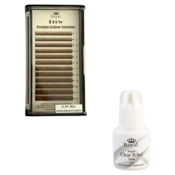 Pachet Profesional Extensii Sprâncene, ROYAL, Maro Închis, 0.10 mm, Adeziv Transparent