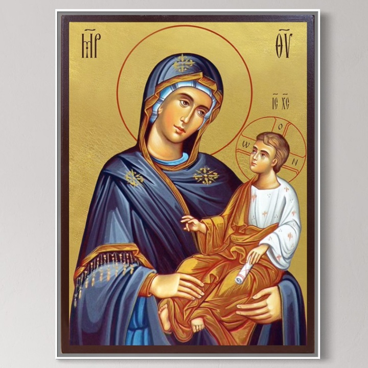 Tablou Canvas Premium, LuxCanva® H1076, Maica Grabnic Ajutatoare, 90 X 120 CM, Panza Bumbac 100% 400g/m2, Sasiu, Lemn, Icoana, Puritate, Har, Ajutor, Sprijin, Speranta, Mantuire, Mangaiere, Ortodoxie, Fecioara, Living, Dormitor, Silver