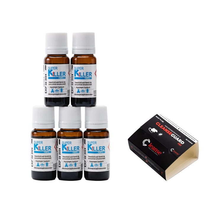Set insecticid concentrat Pasteur Super Killer Forte T 10ml + 5 capcane adezive CleanseGuard Pro pentru insecte și rozătoare, negru