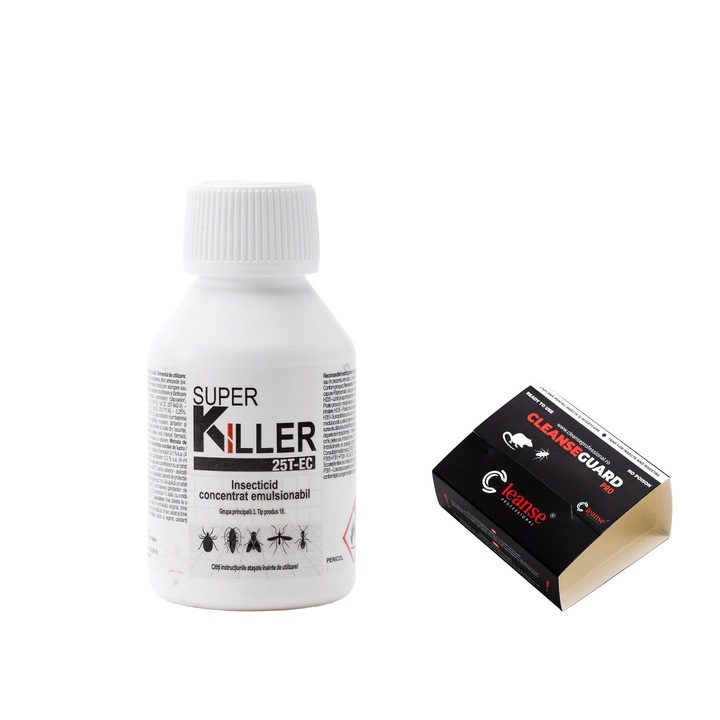 Insecticid Concentrat SUPER KILLER 25T-EC 100ml, combatere insecte taratoare si zburatoare + Capcana adeziva CleanseGuard PRO pentru gandaci si rozatoare soareci si sobolani
