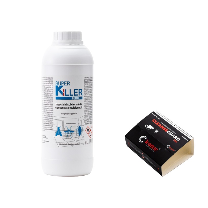 Insecticid concentrat Pasteur SUPER KILLER FORTE T 1L cu 3 capcane adezive CleanseGuard PRO pentru gandaci și rozătoare, combatare insecte taratoare și zburătoare, 253x101mm