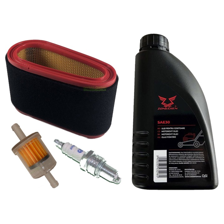 Kit Bujie + Filtru + Ulei SAE30 pentru Masini de Tuns Iarba, perfektGarten, Ulei 600 ml, Dimensiune Cheie 16 mm