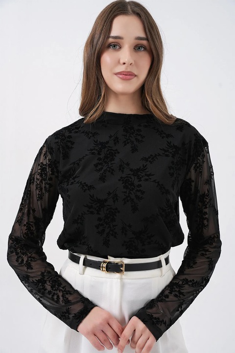 Bluza dama Big Dart, imprimeu floral, guler rotund, negru, jerseu, L INTL